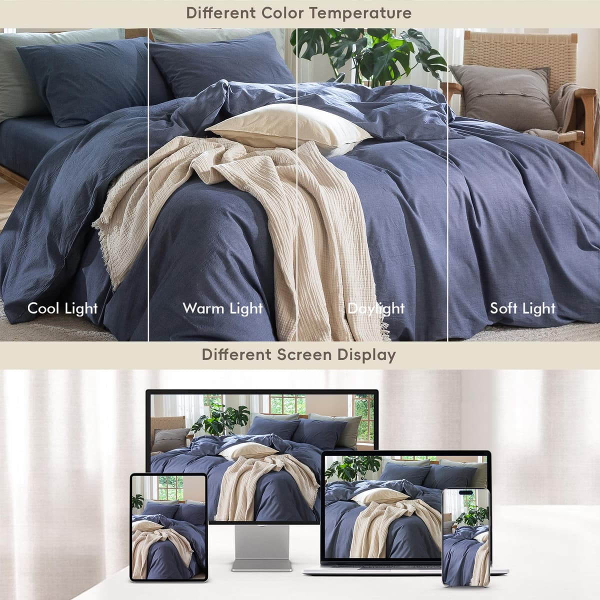 MooMee Bedding Duvet Cover Set 100% Washed Cotton Linen Like Textured Breathable Durable Soft Comfy (Tannish Linen Grey, King) — view 189