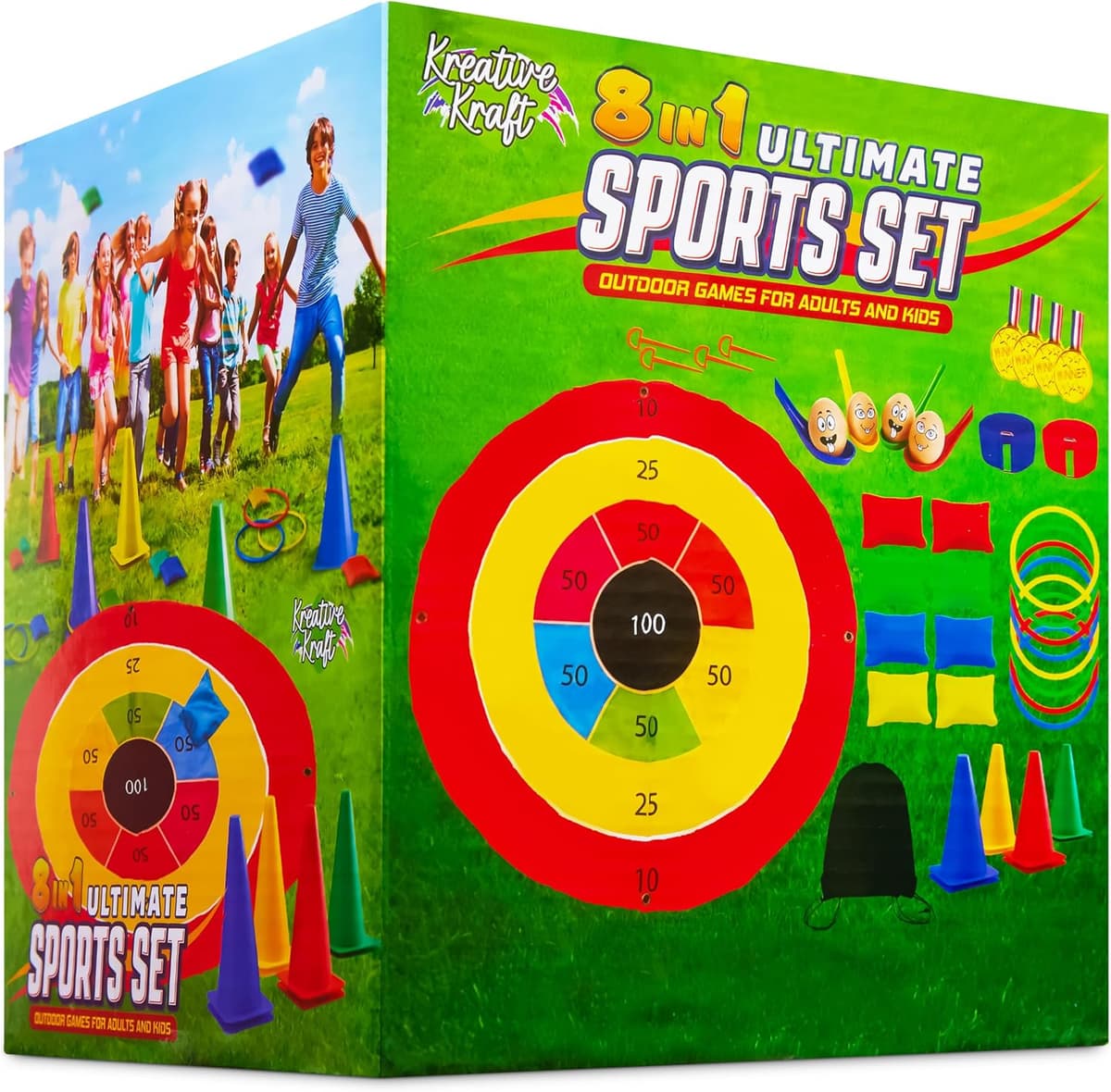 KreativeKraft Kids Games Outdoor Play Equipment for Kids Adults Family Garden Toys Sports Day Kit Egg and Spoon Race Ring Toss Sack Race Bean Bag Snakes and Ladders