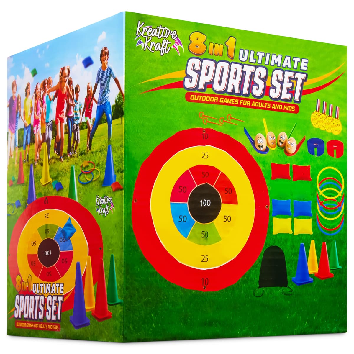 KreativeKraft Kids Games Outdoor Play Equipment for Kids Adults Family Garden Toys Sports Day Kit Egg and Spoon Race Ring Toss Sack Race Bean Bag Snakes and Ladders