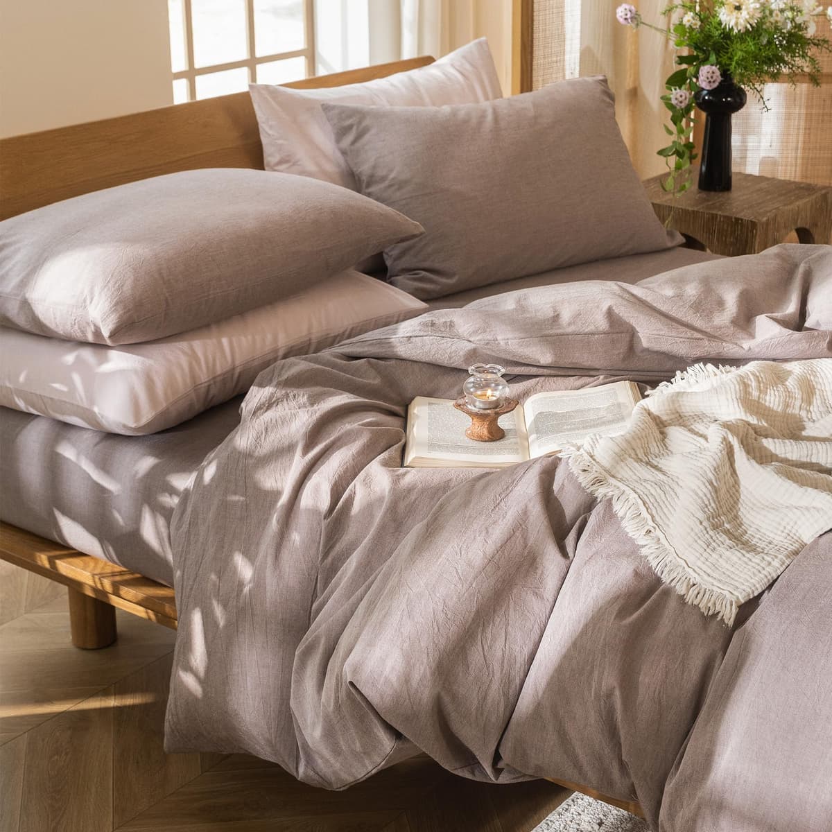 MooMee Bedding Duvet Cover Set 100% Washed Cotton Linen Like Textured Breathable Durable Soft Comfy (Tannish Linen Grey, King) — view 25