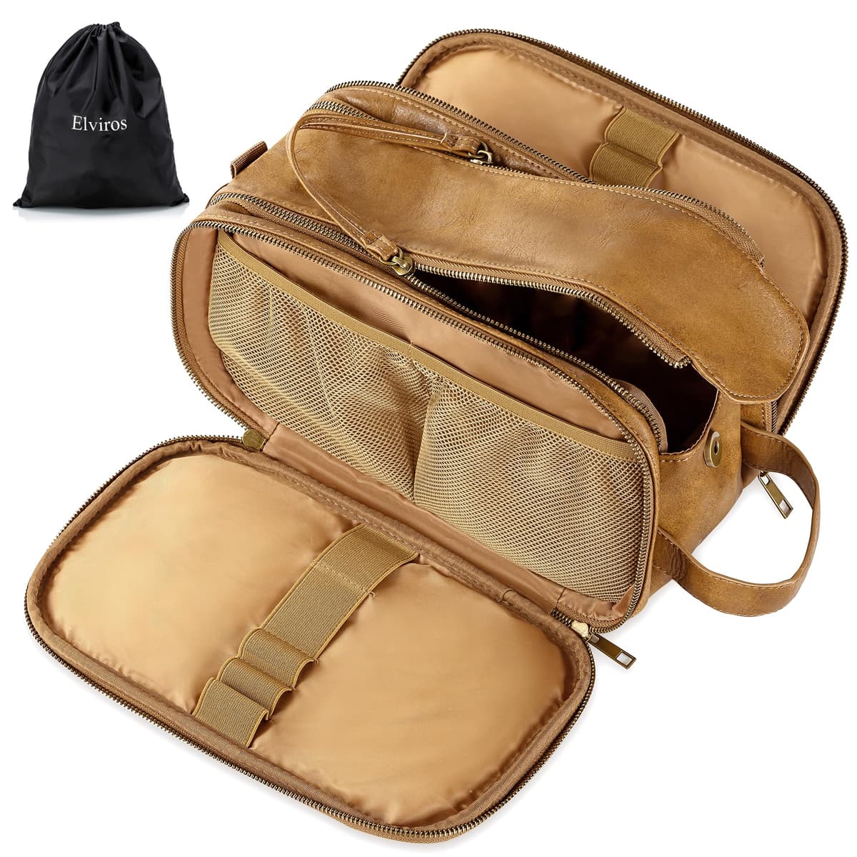 Elviros Water-Resistant PU Leather Toiletry Bag for Men Large Travel Wash Bag Shaving Dopp Kit Bathroom Gym Toiletries Makeup Organizer with Wet Dry Bag,Gift for Men — view 14