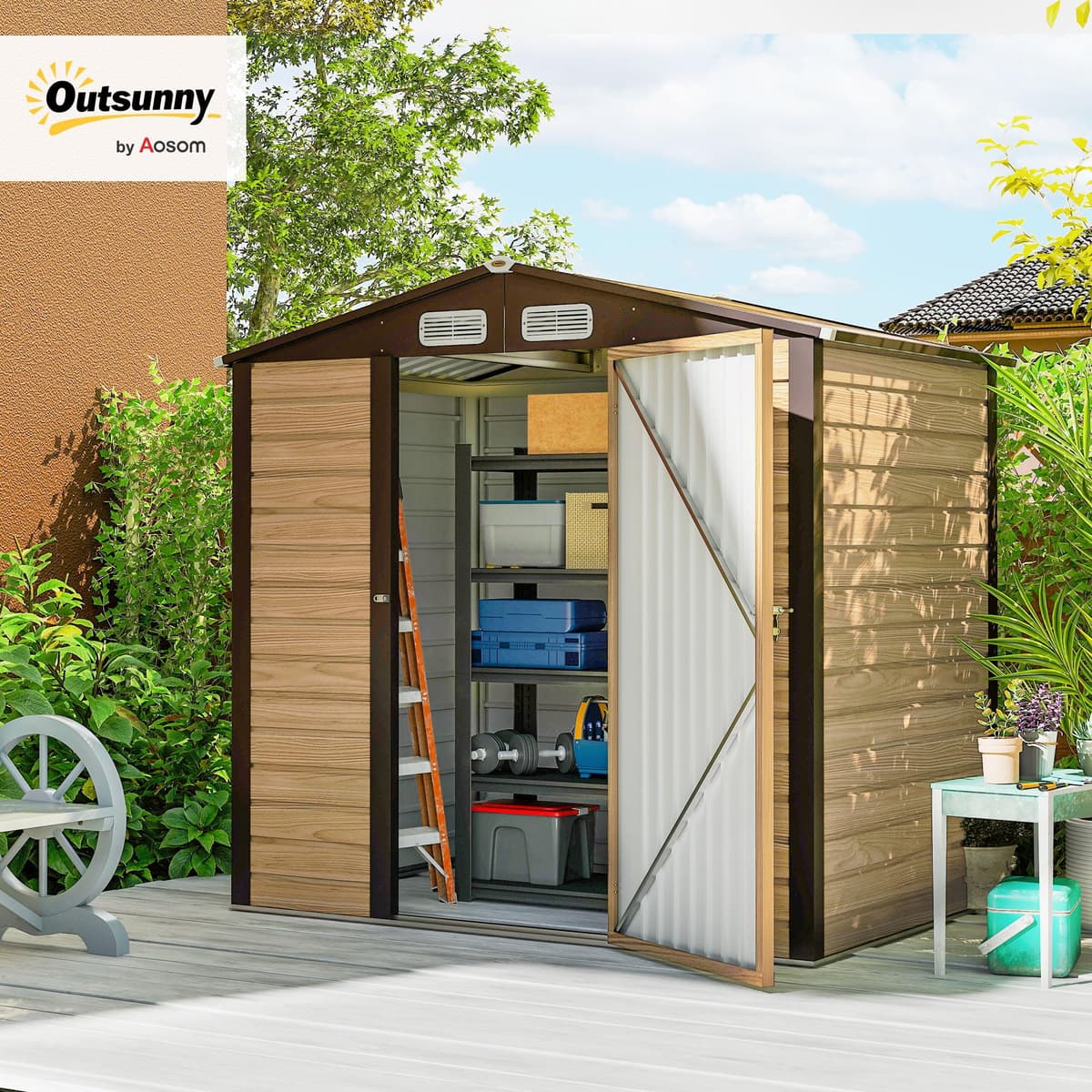 Outsunny Caseta de Jardín Exterior, 2,27 m² 190x131x188 cm, Cobertizo de Jardín Exterior Metálico con 2 Ventilaciones, Puerta con Cerradura, para Almacenamiento de Herramientas, Roble — view 2