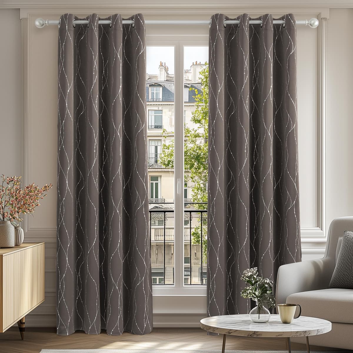 Deconovo Soft Dotted Line Foil Printed Blackout Curtains Thermal Insulated Curtains Eyelet Energy Efficiency Room Darkening Curtains for Bedroom 52 x 72 Inch Light Grey 2 Panels — view 74