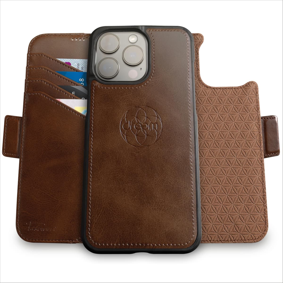 dreem Wallet Case for iPhone 15 Pro Max, Revolutionary Vert/Hor Phone Stand, Magnetic Detachable Vegan Leather Flip Cover RFID Blocking Card Holder, MagSafe-Fit, Gift Box [Fibonacci: Chocolate]
