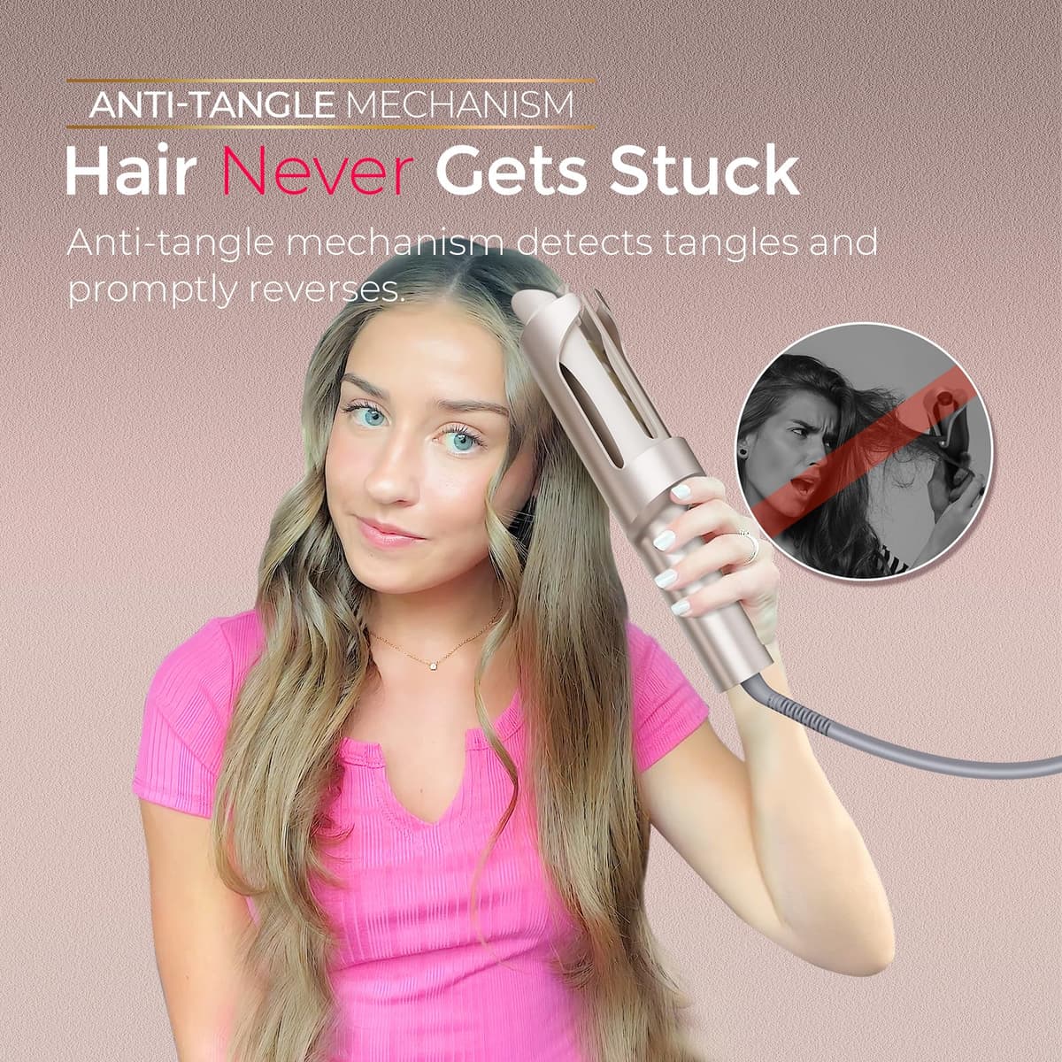 TYMO CurlPro Plus Hair Curler Automatic Rotating - Long Barrel Curling Wand for Long Hair, Ceramic Curling Iron for Women, Anti-Scald, Tangle-Free, 600M Ionic, Dual Voltage, UK Plug, Gold, 32 mm — view 6