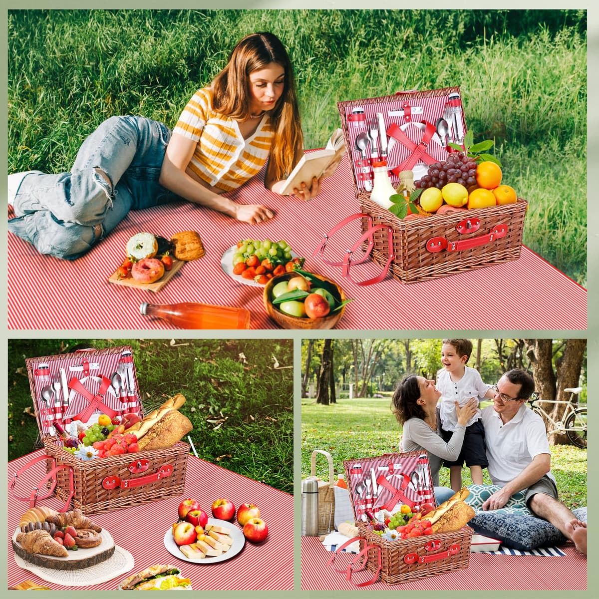 Cesta Picnic 4 Personas,Set de Picnic de Mimbre con Manta de Picnic Impermeable y Juego de Cubiertos, Cesta de Picnic para Camping,Rosa — view 5