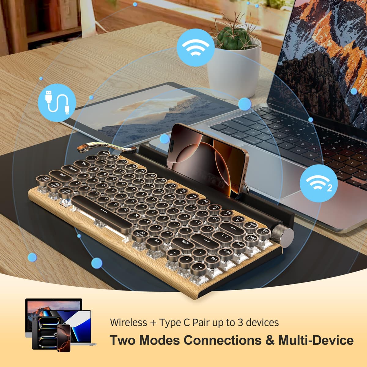 Retro Typewriter Wireless Mechanical Gaming Keyboard, Bluetooth 5.0 Office Computer Vintage Keyboards 83-Key Blue Switches Punk Round Keycap, LED Backlight, Compatible with PC/Laptop/Pad/Phone, Wood — view 4