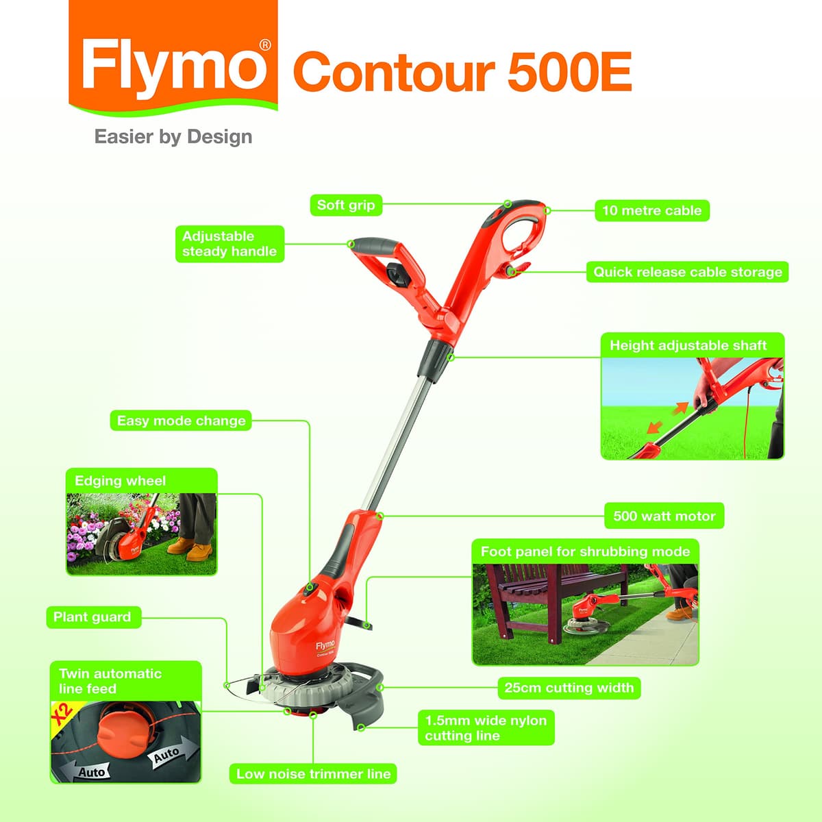 Flymo Contour 500E Electric Grass Trimmer and Edger, 500 W, Cutting Width 25 cm, Orange — view 2