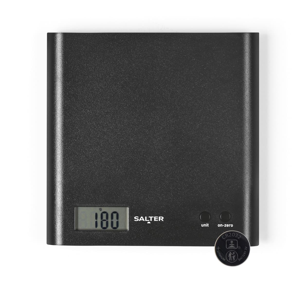 Salter Arc Kitchen Scale – Digital Food Weighing Scales For Precise Cooking/Baking, Slim Platform for Compact Storage, Add & Weigh/Tare Function, 3kg Capacity, Battery Included, Black