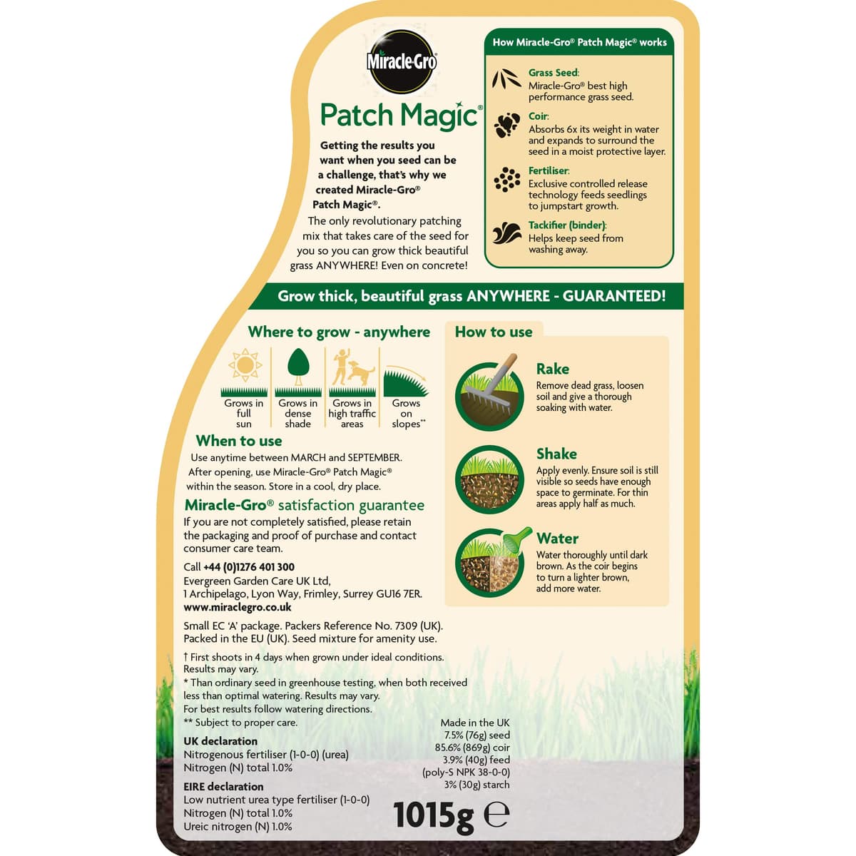 Miracle-Gro Patch Magic Grass Seed, Feed and Coir, 1015 g, Green — view 2