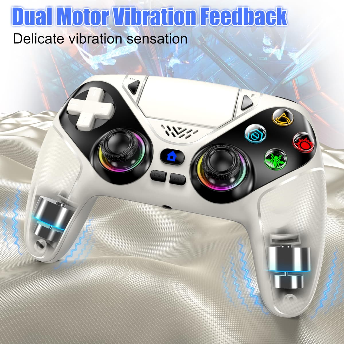 Gamrombo LED Wireless Controller for PS5, Compatible with PS5 Pro/Slim/PC, Dual Vibration, Macro/Turbo Function, 3.5mm Audio Jack, 6-Axis Motion Control Gamepad with Speaker(White) — view 4