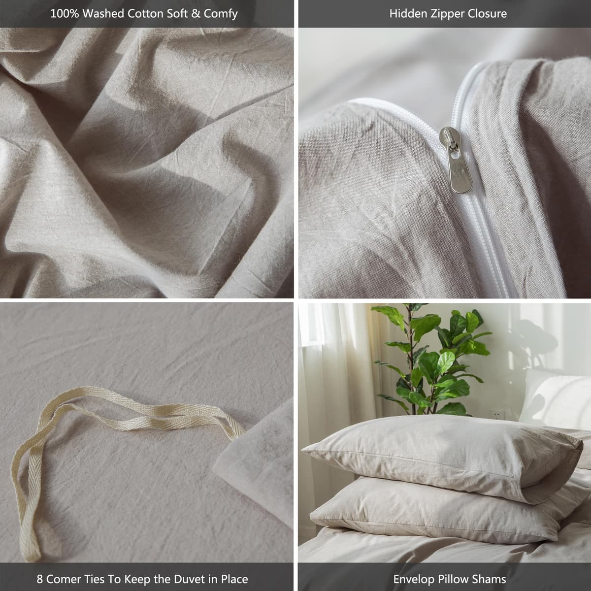 MooMee Bedding Duvet Cover Set 100% Washed Cotton Linen Like Textured Breathable Durable Soft Comfy (Tannish Linen Grey, King) — view 176
