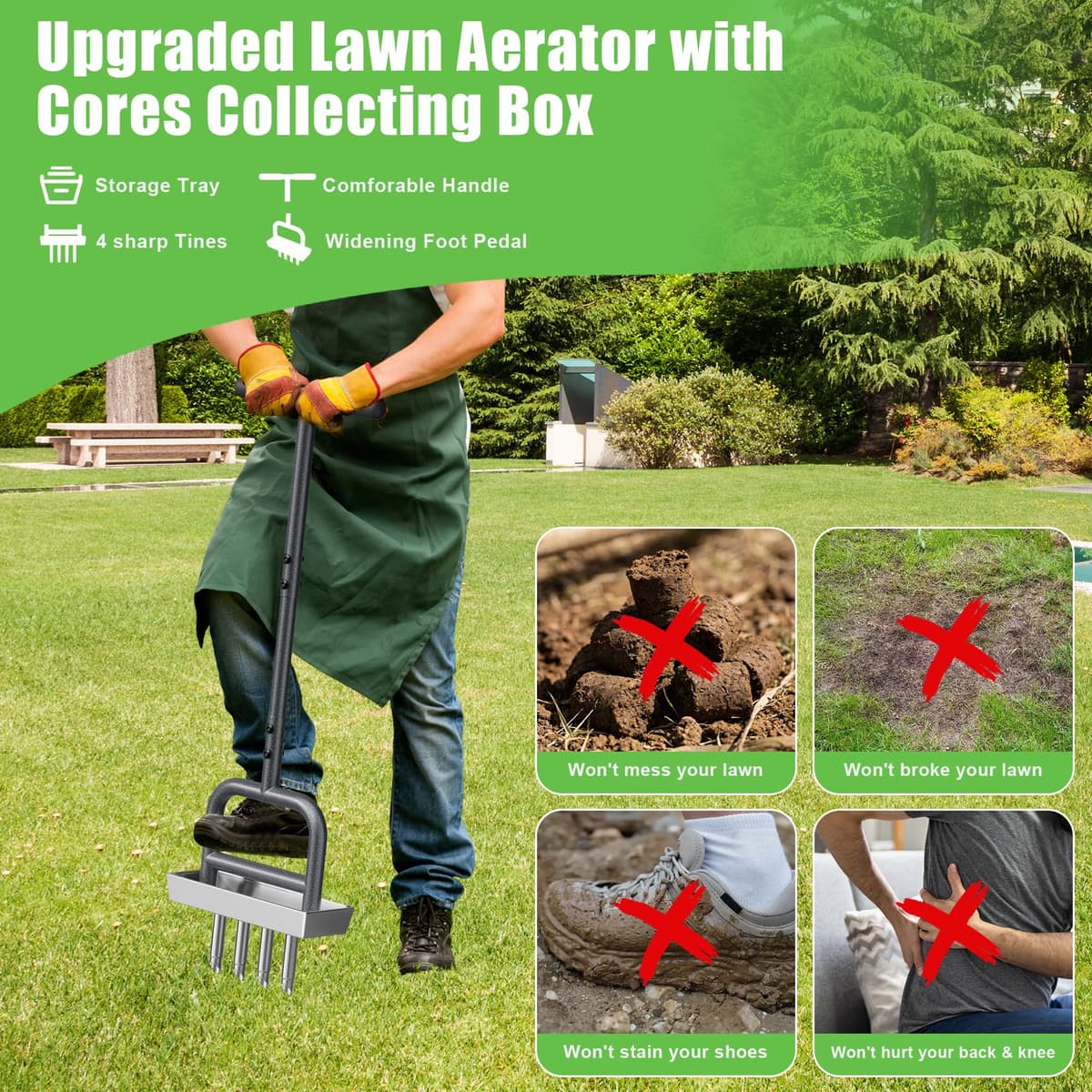 Yornoli Lawn Aerator Tool – Heavy Duty Hollow Tine Manual Coring Aerator with 4 Stainless Steel Pluggers, Soil Core Storage Tray & Long Handle Soft Grip for Compacted Soil Lawn Health & Clay Release — view 5