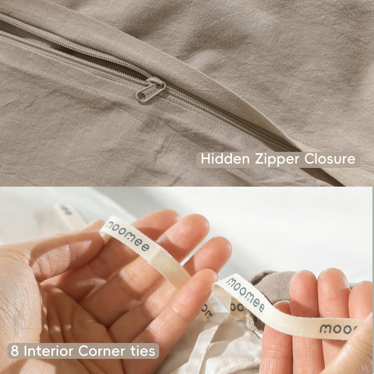 MooMee Bedding Duvet Cover Set 100% Washed Cotton Linen Like Textured Breathable Durable Soft Comfy (Tannish Linen Grey, King) — view 6