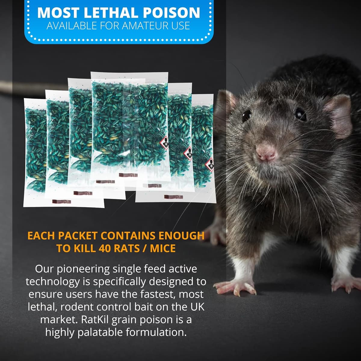 RatKil Rat Poison (6 x25g) Rat Bait & Mouse Poison Grain - Strongest Maximum Strength Rodent Killer - Fast Acting, All Weather, Single Feed Bait Sachets — view 2