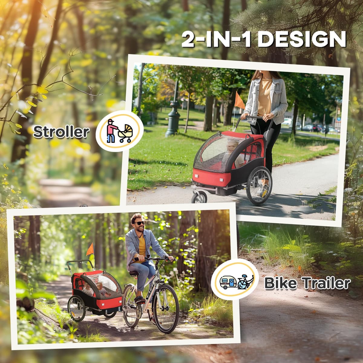 HOMCOM 2 Seat Bike Trailer for Kids, Baby Bike Stroller with 5 Point Harness, Child Bicycle Trailer with Safety Flag, Reflectors, Windproof Curtain, for 18+ Months, Red — view 3