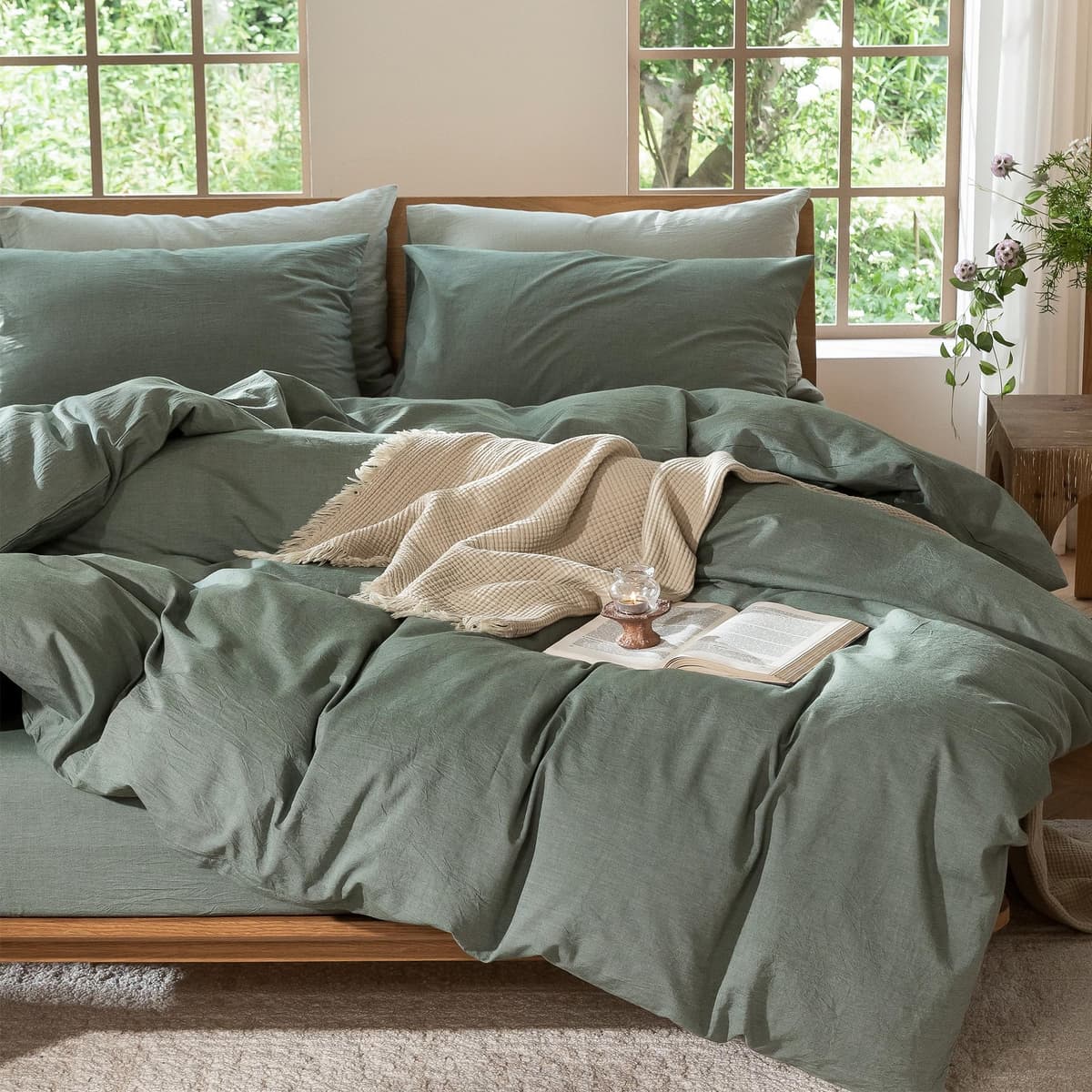 MooMee Bedding Duvet Cover Set 100% Washed Cotton Linen Like Textured Breathable Durable Soft Comfy (Tannish Linen Grey, King) — view 88