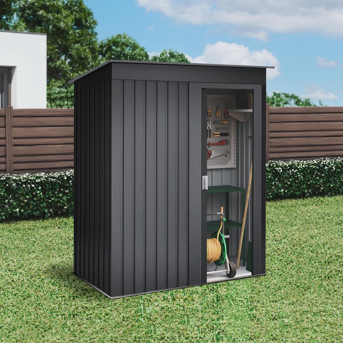 Wasabi - Armario Exterior Terraza 1,39m2 Neat Antracita - Puerta Corredera - Techo Inclinado - 162x86x181cm - Caseta Jardín Resistente - Cobertizo Almacenamiento — view 3