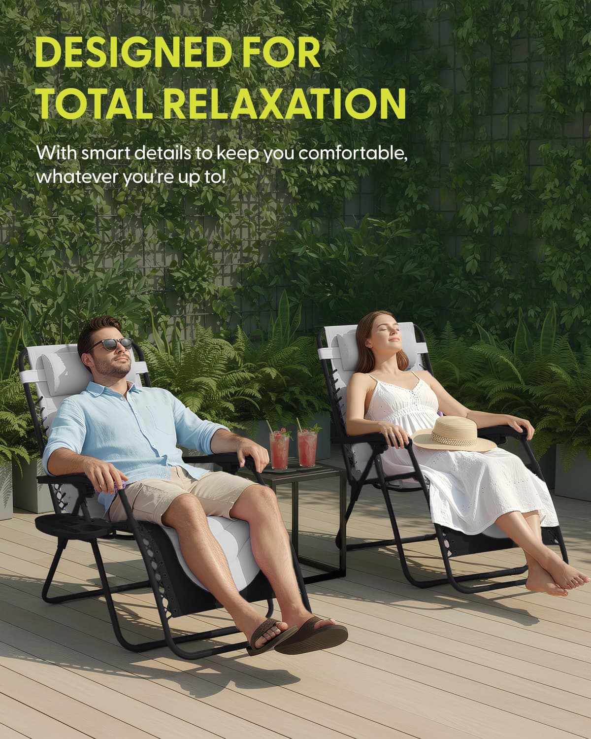 KEPLIN Set of 2 XXL Premium Heavy Duty Padded Two Tone Zero Gravity Chairs - Luxurious Garden Recliners, Adjustable Headrest, Cup & Phone Holder, Foldable, Patio Sun Loungers - 150kg Weight Capacity — view 4
