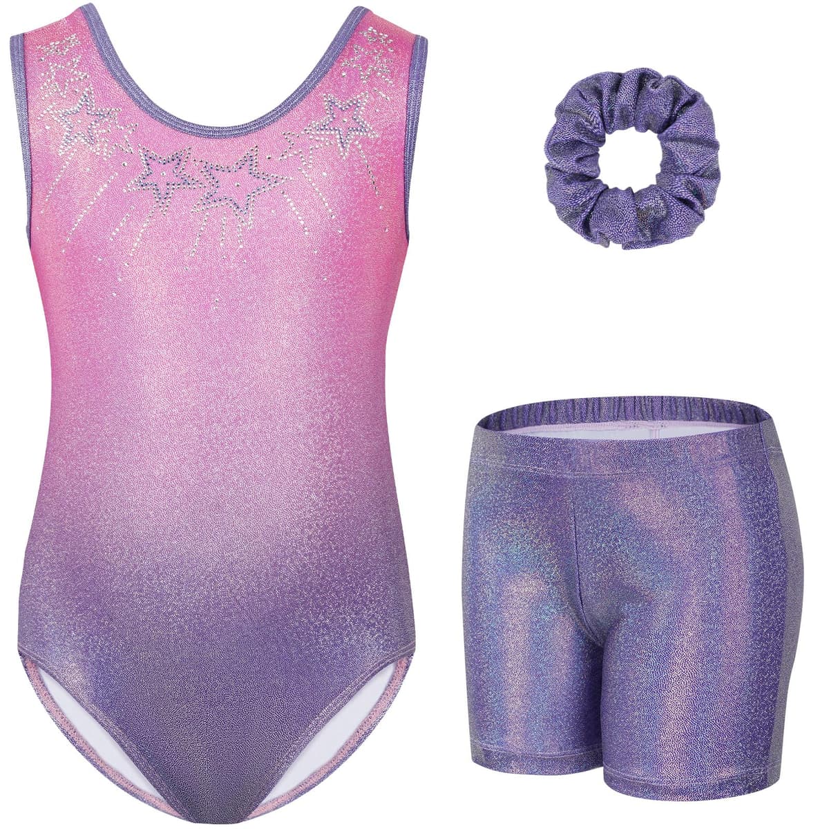 Gogokids Conjunto de gimnasia de tres piezas para niña, cuello en Y, sin mangas, con pantalones cortos y diadema, traje de gimnasia con diseño de bloques de color azul y morado, 3-12 años