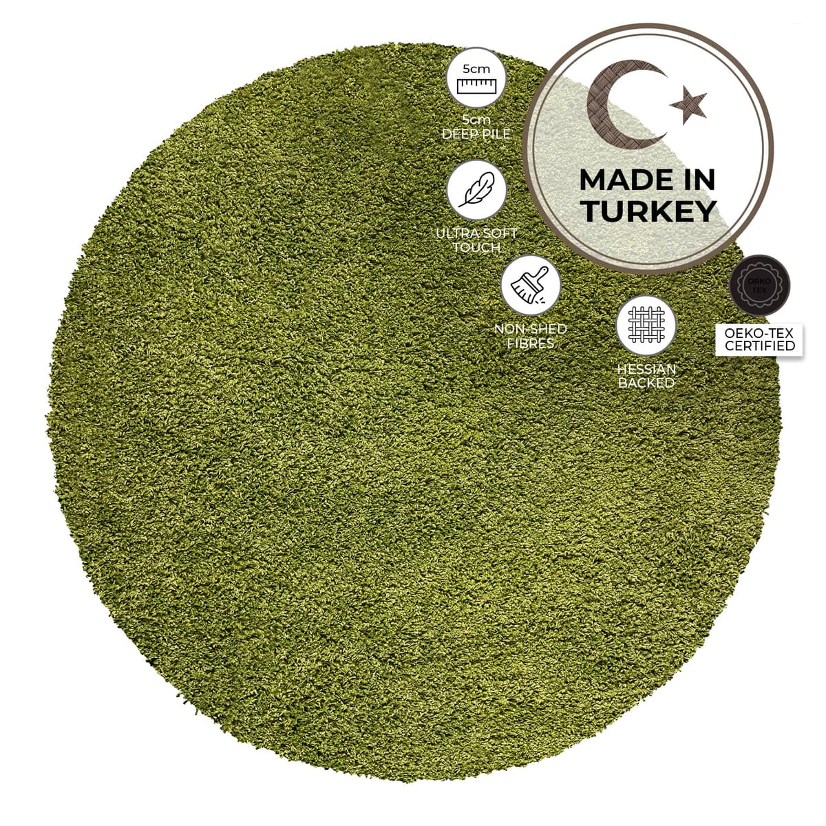 Bravich Round Green Rug 150cm (5') 5cm Pile Green Shaggy Large Circle Thick Fluffy Living Room Hessian Backed Washable — view 5