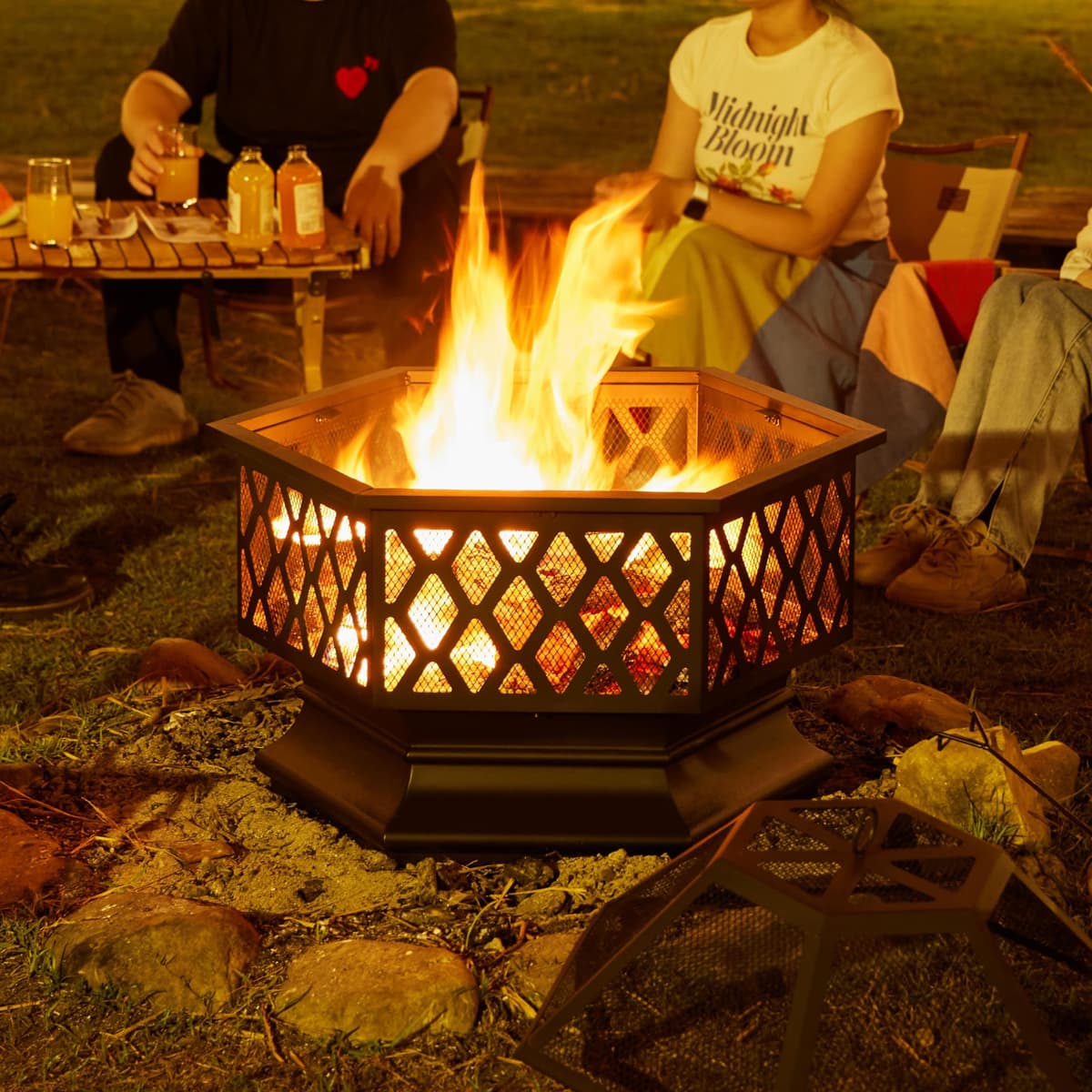 Yaheetech 66cm Fire Pit Hex-Shaped Wood Burning Outdoor Fire Bowl for Camping, Fire Pits for Garden with Spark Screen & Fire Poker — view 4