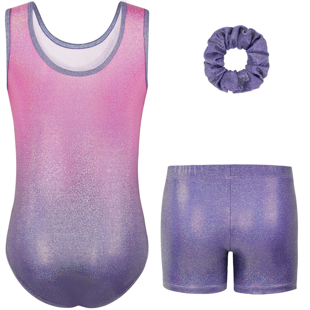 Gogokids Conjunto de gimnasia de tres piezas para niña, cuello en Y, sin mangas, con pantalones cortos y diadema, traje de gimnasia con diseño de bloques de color azul y morado, 3-12 años — view 7