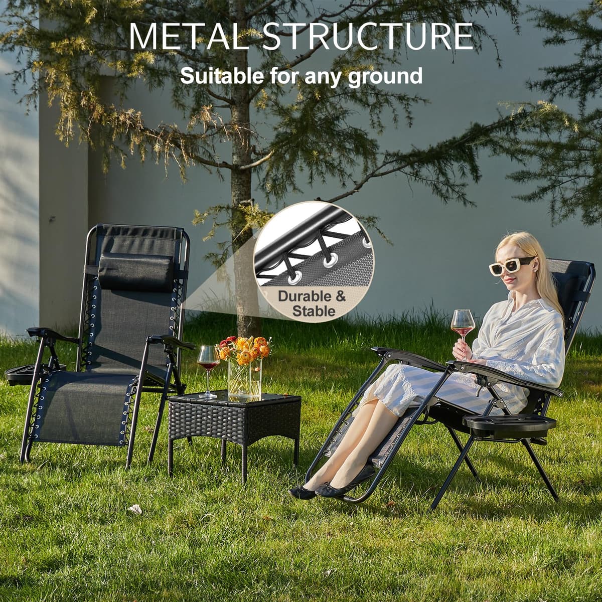 Sweetcrispy Zero Gravity Chairs, Set of 2 Portable Recliner Beach Camping Patio Outdoor Folding Lounge Chair with Cup Holder Trays and Adjustable Pillow for Poolside, Garden, Backyard, Lawn (Black) — view 5