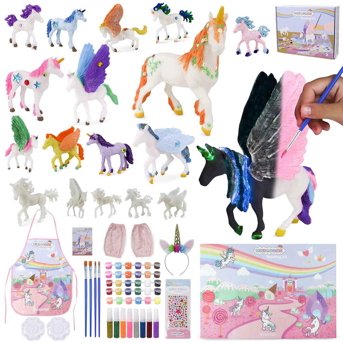 BONNYCO Unicornios para Niñas Figuras para Pintar Kit con 18 Unicornios. Set Manualidades Niñas, Juguetes con Brillo en la Oscuridad 3 4 5 6 7 8 9 10 Años. Regalos Niños en Cumpleaños y Navidad
