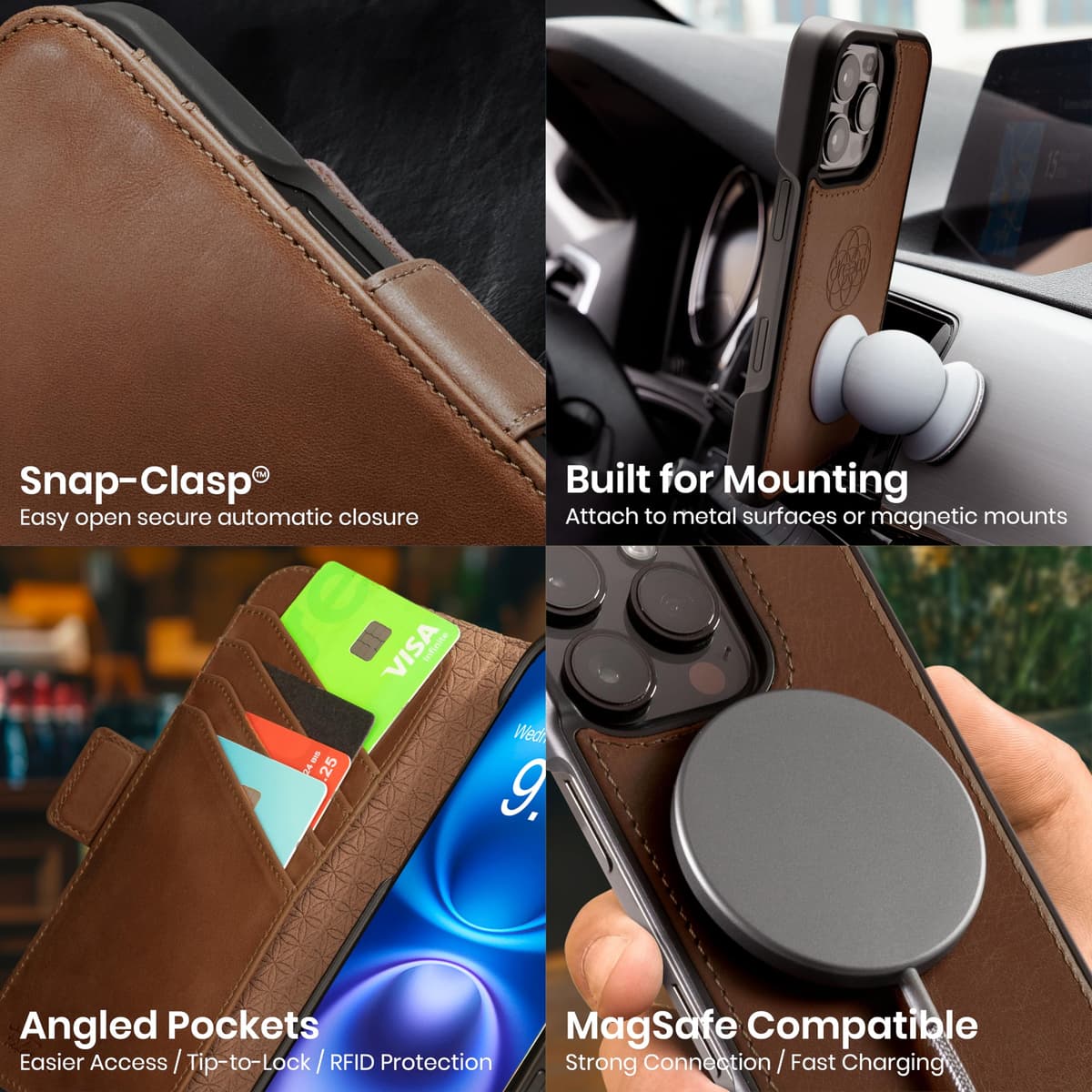 dreem Wallet Case for iPhone 15 Pro Max, Revolutionary Vert/Hor Phone Stand, Magnetic Detachable Vegan Leather Flip Cover RFID Blocking Card Holder, MagSafe-Fit, Gift Box [Fibonacci: Chocolate] — view 5