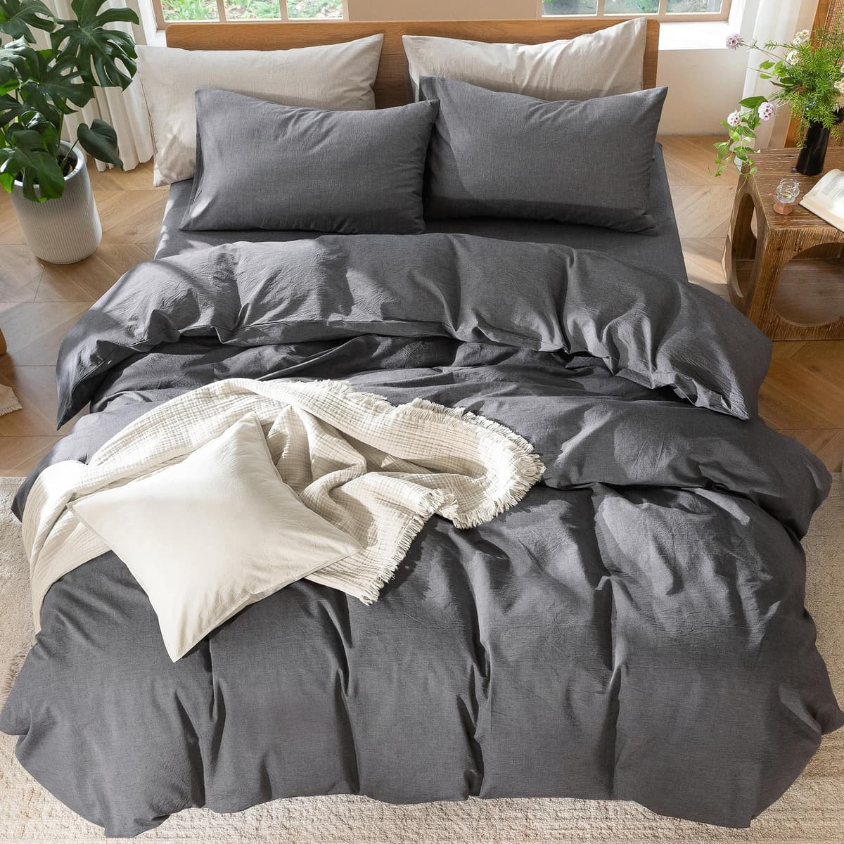 MooMee Bedding Duvet Cover Set 100% Washed Cotton Linen Like Textured Breathable Durable Soft Comfy (Tannish Linen Grey, King) — view 212