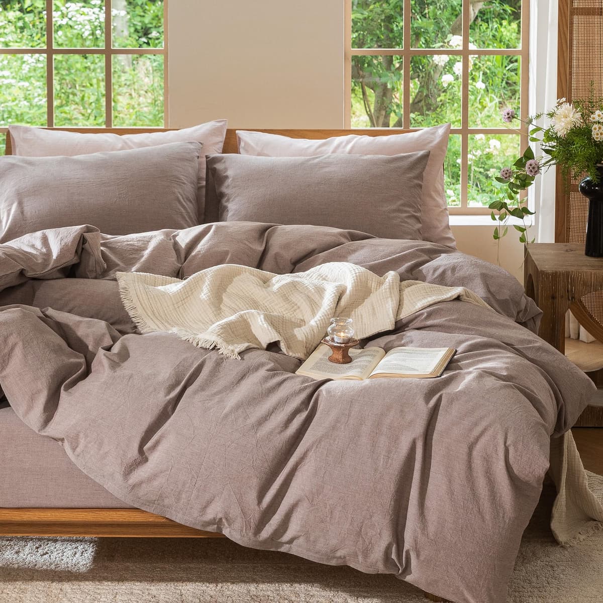 MooMee Bedding Duvet Cover Set 100% Washed Cotton Linen Like Textured Breathable Durable Soft Comfy (Tannish Linen Grey, King) — view 27