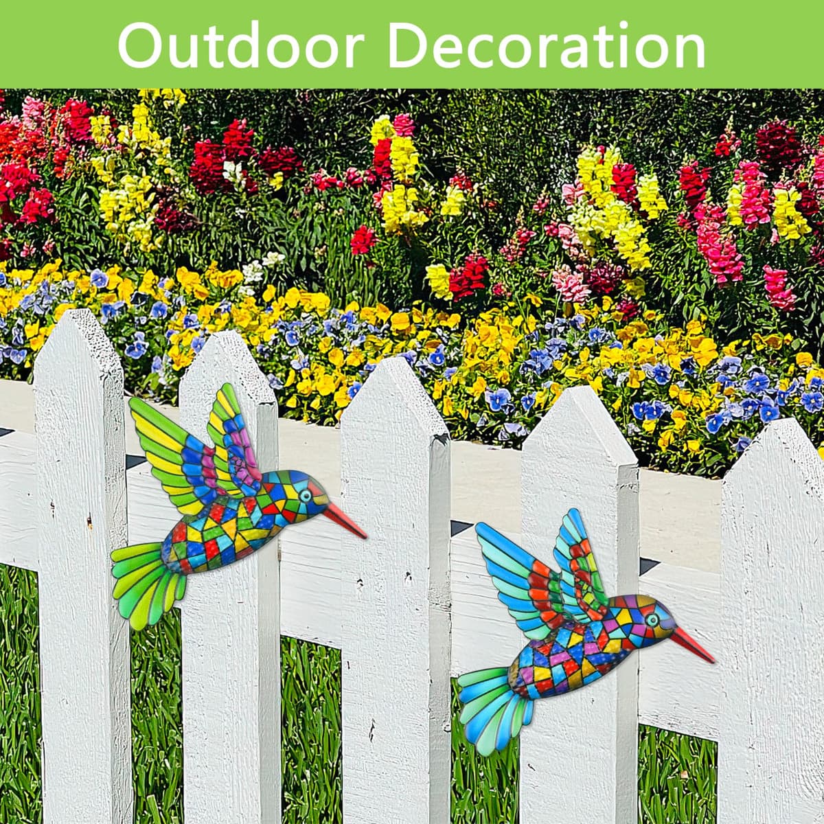 Weysoo 2 Pcs Metal Hummingbird Garden Ornaments Outdoor,Wrought Iron Colorful Hummingbird Wall Decor for Outside Garden Patio Fence Home Bedroom Hanging Decoration — view 5