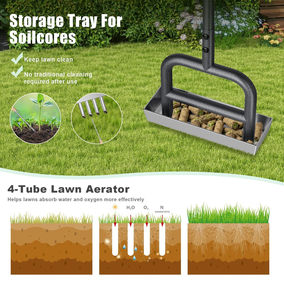 Yornoli Lawn Aerator Tool – Heavy Duty Hollow Tine Manual Coring Aerator with 4 Stainless Steel Pluggers, Soil Core Storage Tray & Long Handle Soft Grip for Compacted Soil Lawn Health & Clay Release — view 4