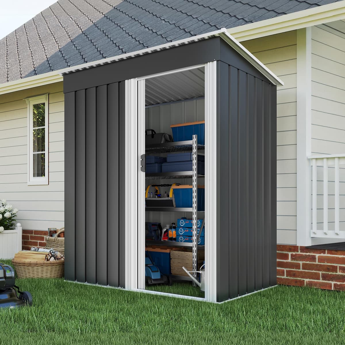 LUXOAK Metal Garden Shed 150x75.5x181cm,Waterproof Rustproof Shed with Sliding Door & Sloped Roof, Outdoor Garden Storage Shed for Backyard, Patio, or Garage — view 4