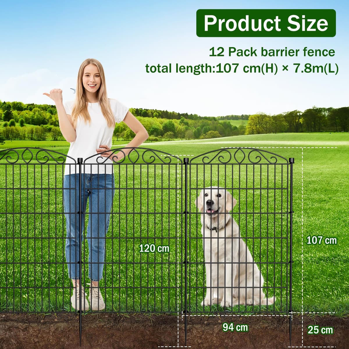 12 Panel No Dig Decorative Garden Fence - 107cm H x 7.8 m L, Tall Animal Barrier for Dogs Rabbits, Rustproof Metal Wire Panels for Yard, Patio, and Outdoor Border Use — view 2