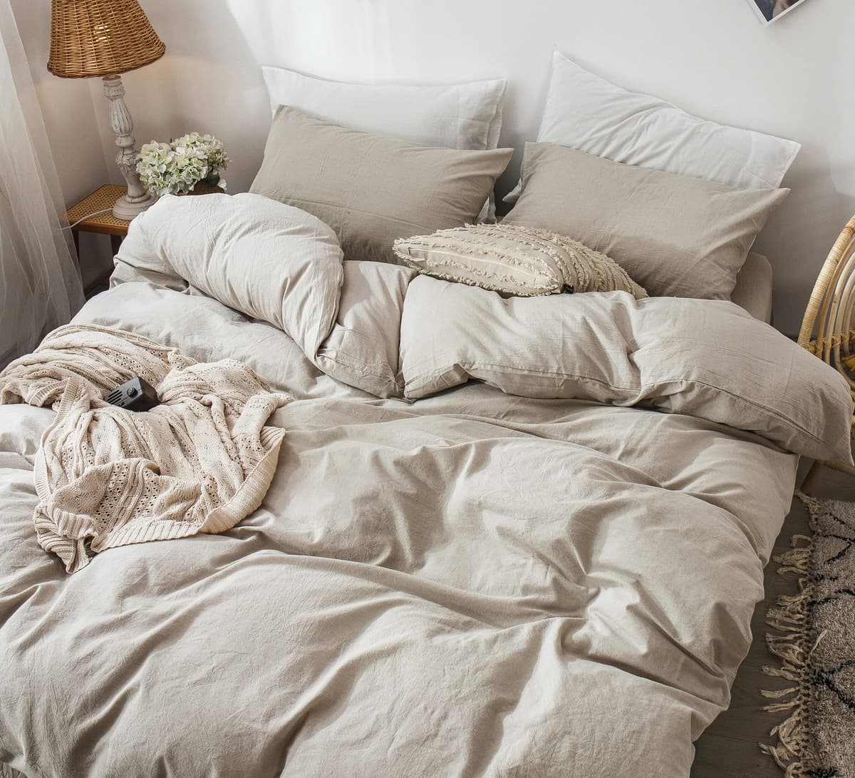 MooMee Bedding Duvet Cover Set 100% Washed Cotton Linen Like Textured Breathable Durable Soft Comfy (Tannish Linen Grey, King) — view 3