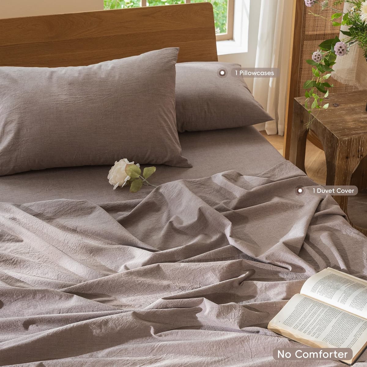 MooMee Bedding Duvet Cover Set 100% Washed Cotton Linen Like Textured Breathable Durable Soft Comfy (Tannish Linen Grey, King) — view 272