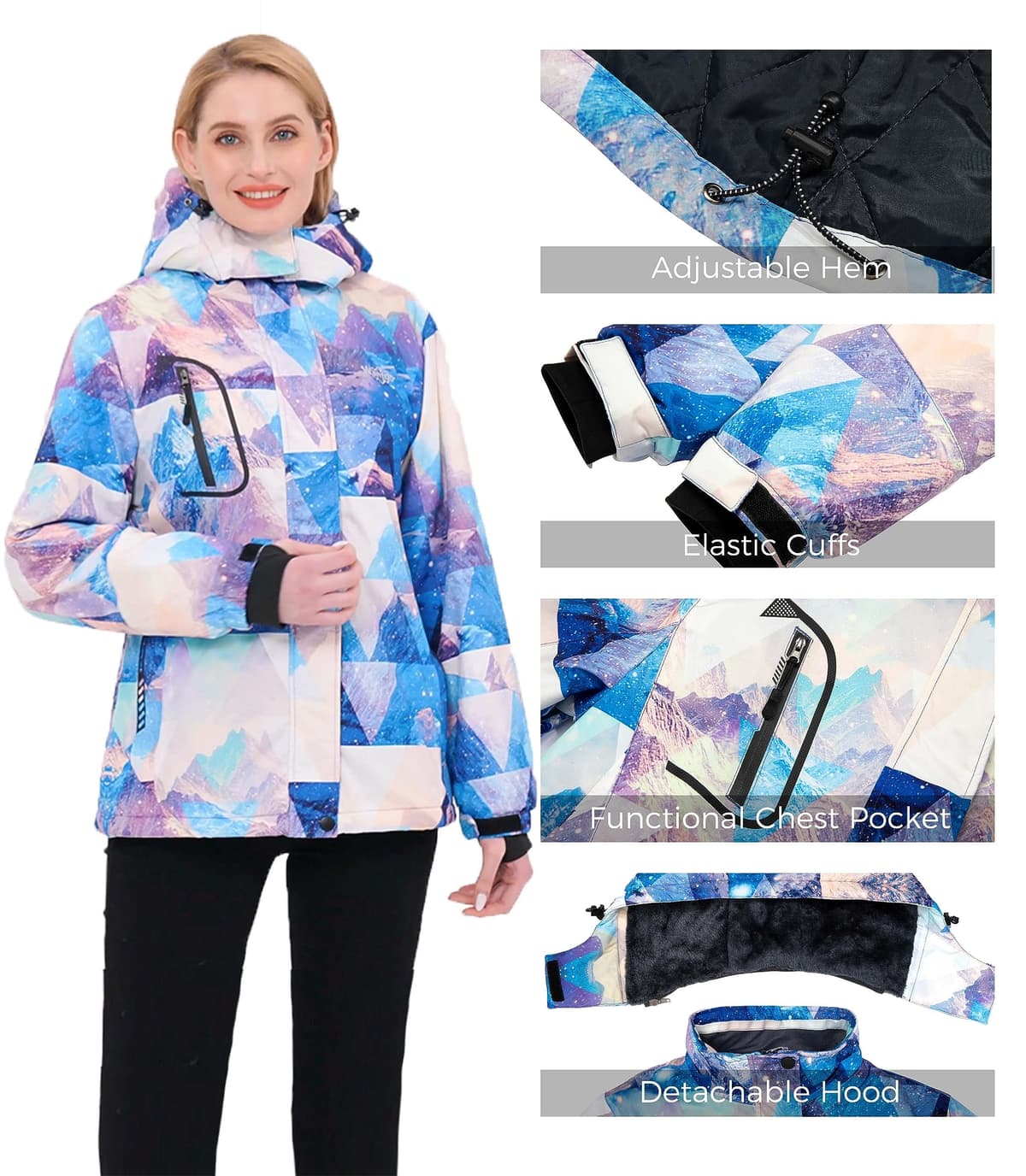 Wantdo Chaqueta de Esquí Cálida para Mujer con Forro Polar Chaqueta de Snowboard Impermeable con Capucha Abrigo de Montaña Impermeable Antiviento Mujer — view 2