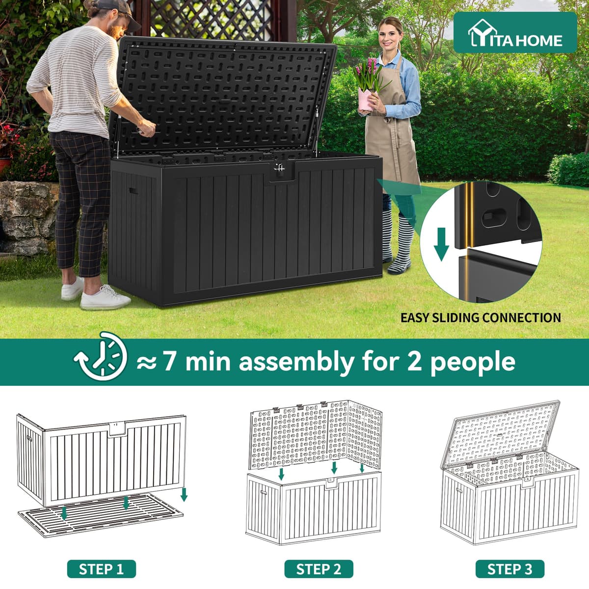YITAHOME Garden Storage Box Outdoor 567.8L, Heavy-Duty Waterproof Resin Deck Box with Lockable Lid, All-Weather Storage Bench for Patio Furniture, Cushions, Pool & Garden Tools, Black — view 5
