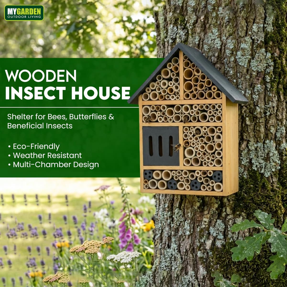 My Garden Insect House for Garden Bees & Butterflies - Outdoor Bug Hotel Shelter, Solid Pine Wood Bee House with Multi Chambers - Weather Resistant Wildlife Habitat, Easy Mount — view 2