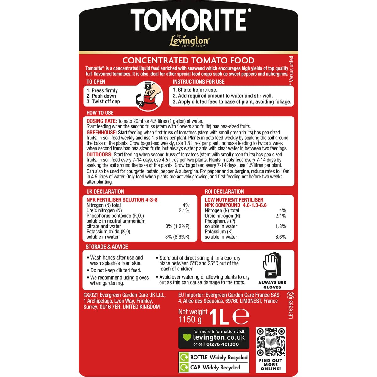 Levington Tomorite Liquid Tomato Food, Concentrate, 1L, Red — view 2