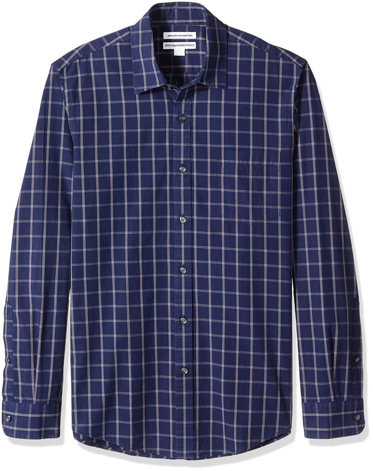 Amazon Essentials Men's Slim-Fit Long-Sleeve Poplin Shirt L Navy Windowpane