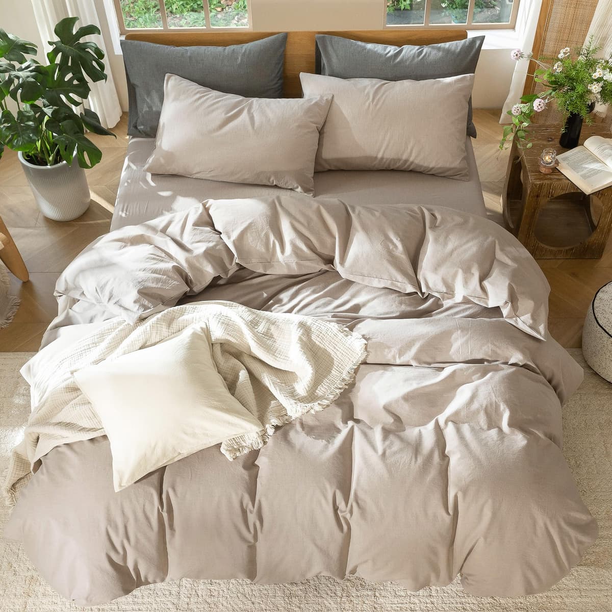 MooMee Bedding Duvet Cover Set 100% Washed Cotton Linen Like Textured Breathable Durable Soft Comfy (Tannish Linen Grey, King) — view 68