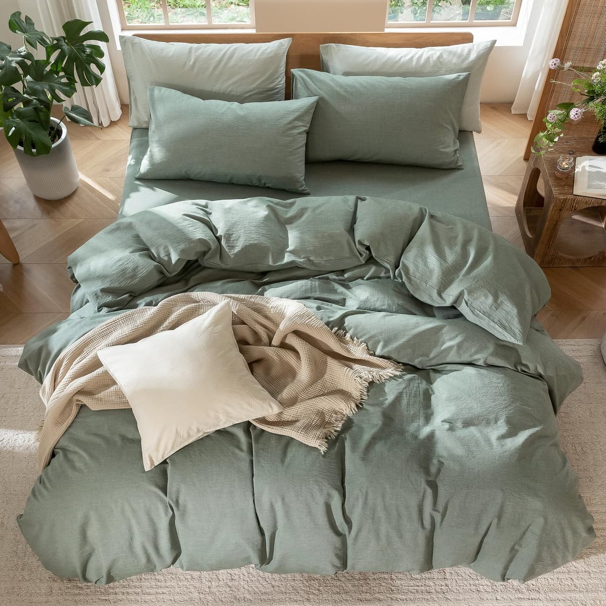 MooMee Bedding Duvet Cover Set 100% Washed Cotton Linen Like Textured Breathable Durable Soft Comfy (Tannish Linen Grey, King) — view 85
