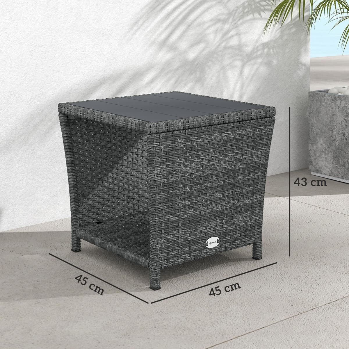 Outsunny 2-Tier PE Rattan Side Table with Storage Shelf, Square Outdoor Coffee Table with PS Wood Slat Top, UV-Resistant for Patio, Garden, Balcony, Grey — view 3