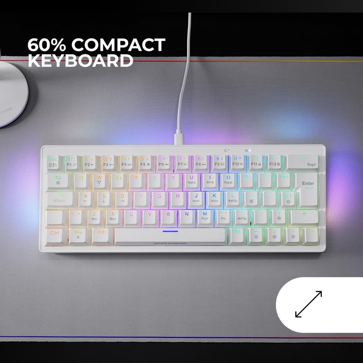 Mars Gaming MKMINIPRO, Teclado Mecánico Ultra-Compacto 60%, Switches Mecánicos Hot-Swappable, Iluminación RGB Chroma, Teclado Gaming Antighosting, Multiplataforma, Switch Silencioso, Portugués, Blanco — view 2