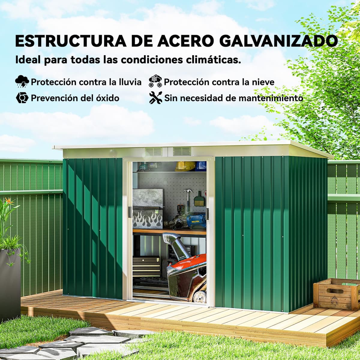 Outsunny Caseta de Jardín Exterior 3,2 m² 280x130x172 cm Cobertizo de Jardín Exterior con Puerta Corredera Techo Inclinado Base Refuerzo (Suelo NO Incluido) y 2 Ventanas Verde Oscuro — view 3