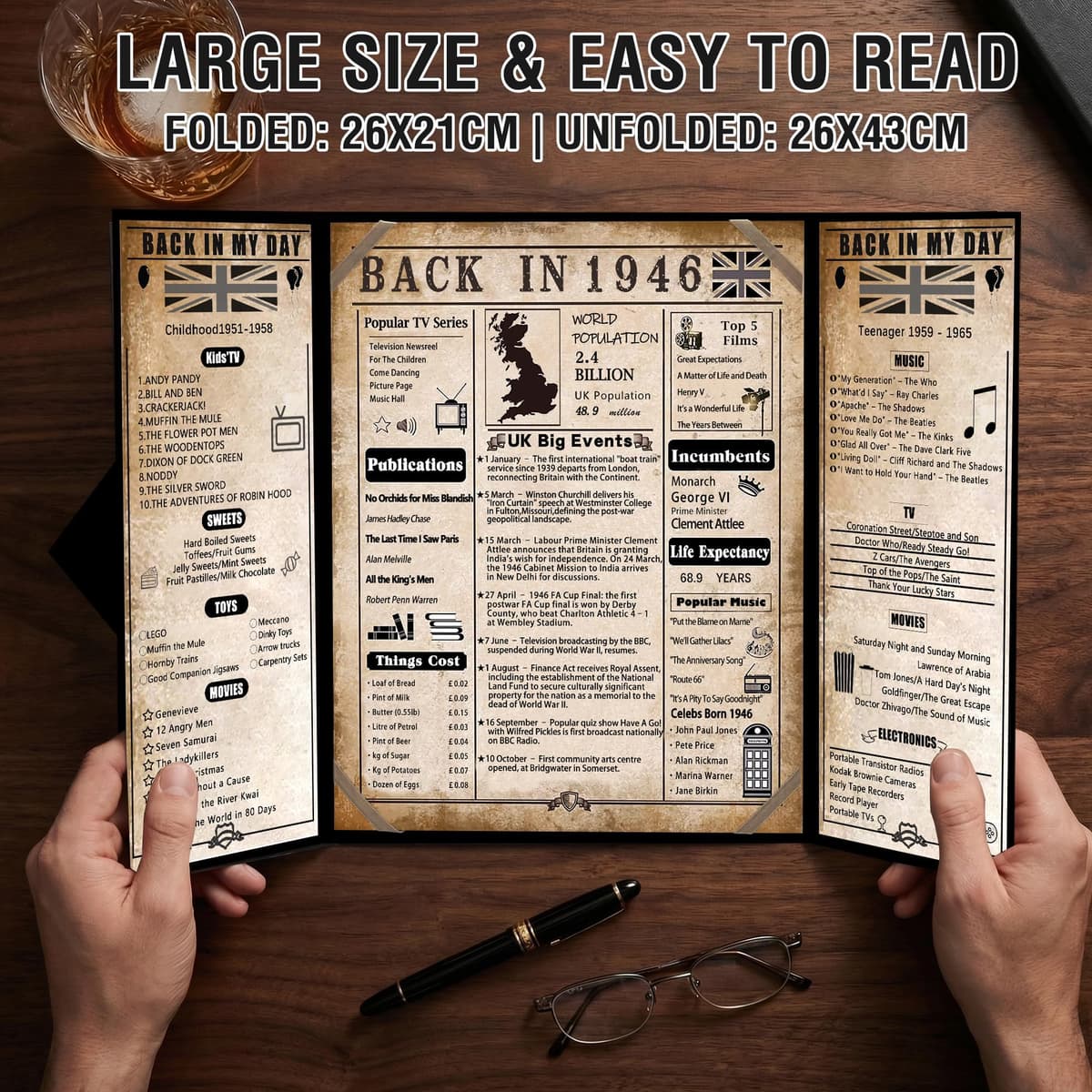 back in 1946 80th Birthday Gifts for Men & Women - 80th birthday Card for Dad,Grandad,Mum,Grandma - 80 Year Old Decorations - Black Tri-Fold Greeting Card - Perfect 1946 Poster Gift Ideas — view 5