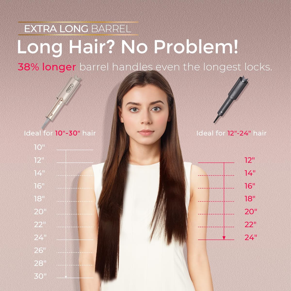 TYMO CurlPro Plus Hair Curler Automatic Rotating - Long Barrel Curling Wand for Long Hair, Ceramic Curling Iron for Women, Anti-Scald, Tangle-Free, 600M Ionic, Dual Voltage, UK Plug, Gold, 32 mm — view 3